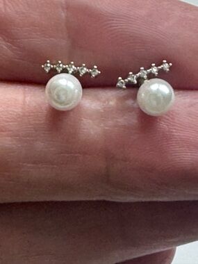 Pearl and Cubic Zirconia Sterling Stud Earrings - White